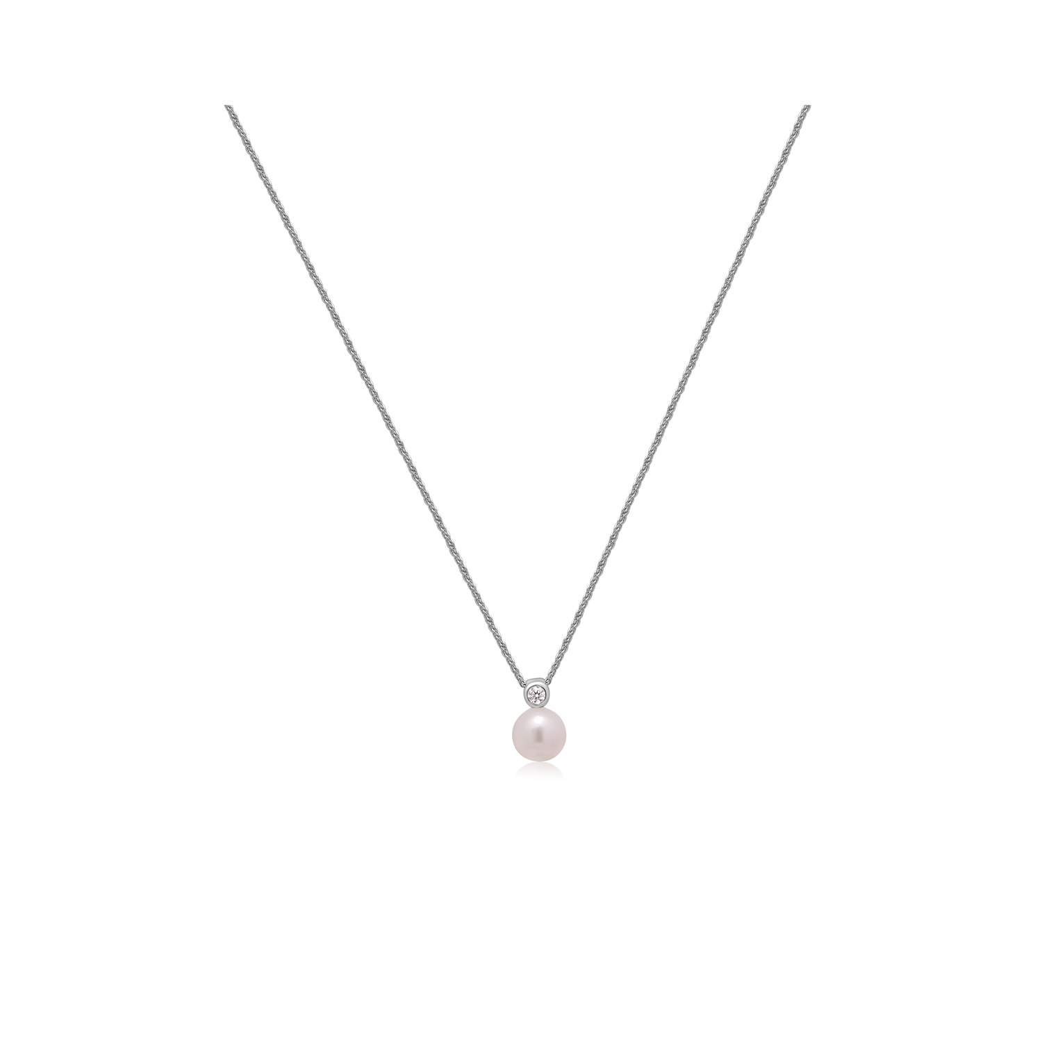 An 18ct white gold akoya pearl and rubover set diamond pendant on a chain.