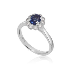 A platinum oval shaped sapphire and round brilliant cut diamond fancy cluster ring.