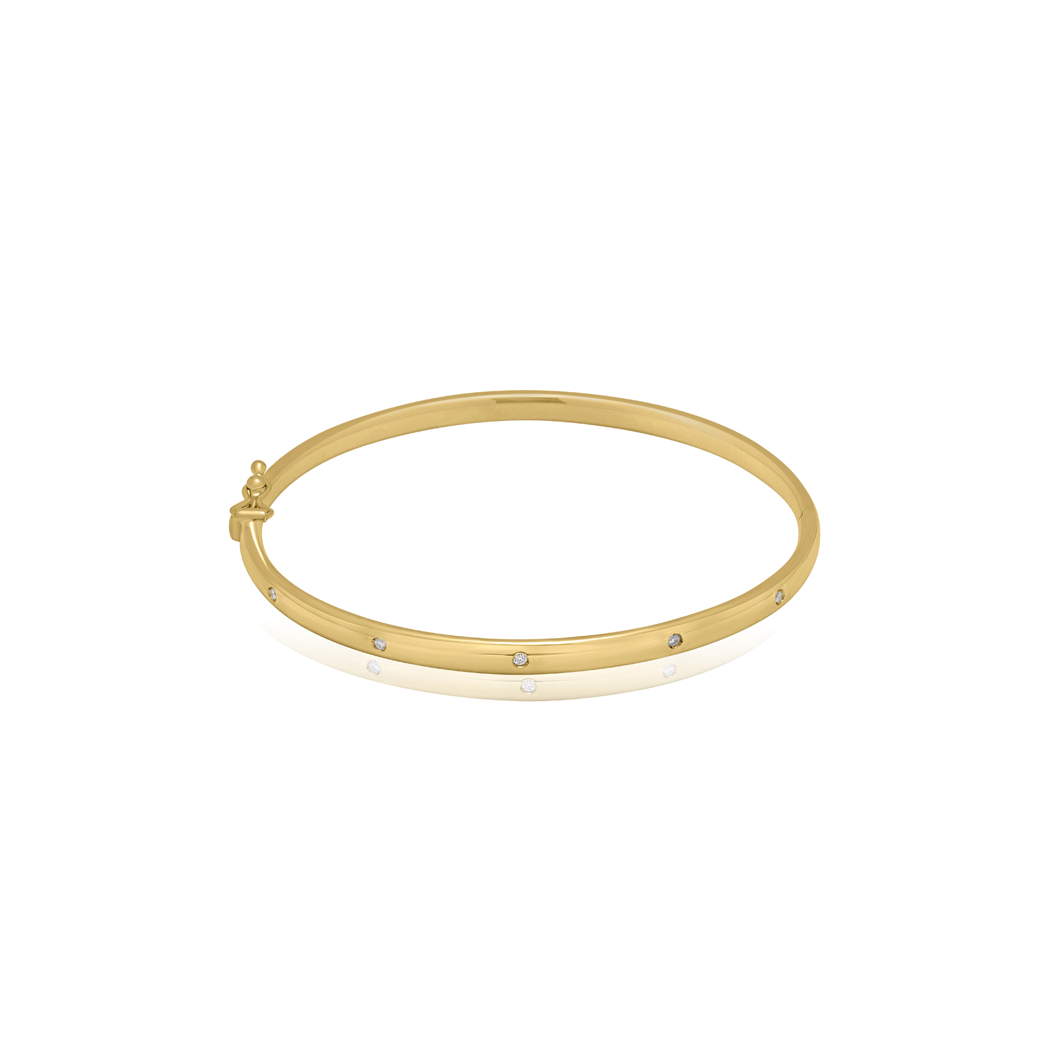 A 9ct yellow gold round brilliant cut diamond set hinged bangle with a polished finish.