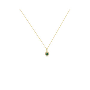 An 18ct yellow gold round emerald and round brilliant cut diamond set flower cluster pendant on an adjustable chain.