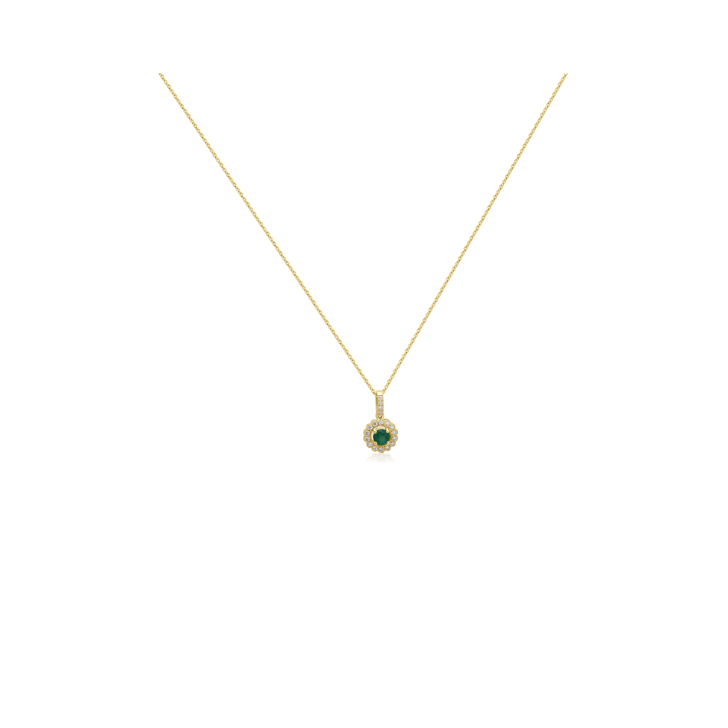 An 18ct yellow gold round emerald and round brilliant cut diamond set flower cluster pendant on an adjustable chain.