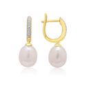 A pair of 18ct yellow gold freshwater pearl and diamond set creole style drop earrings, for pierced ears.