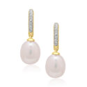 A pair of 18ct yellow gold freshwater pearl and diamond set creole style drop earrings, for pierced ears.