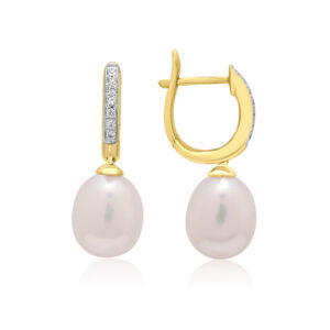 A pair of 18ct yellow gold freshwater pearl and diamond set creole style drop earrings, for pierced ears.