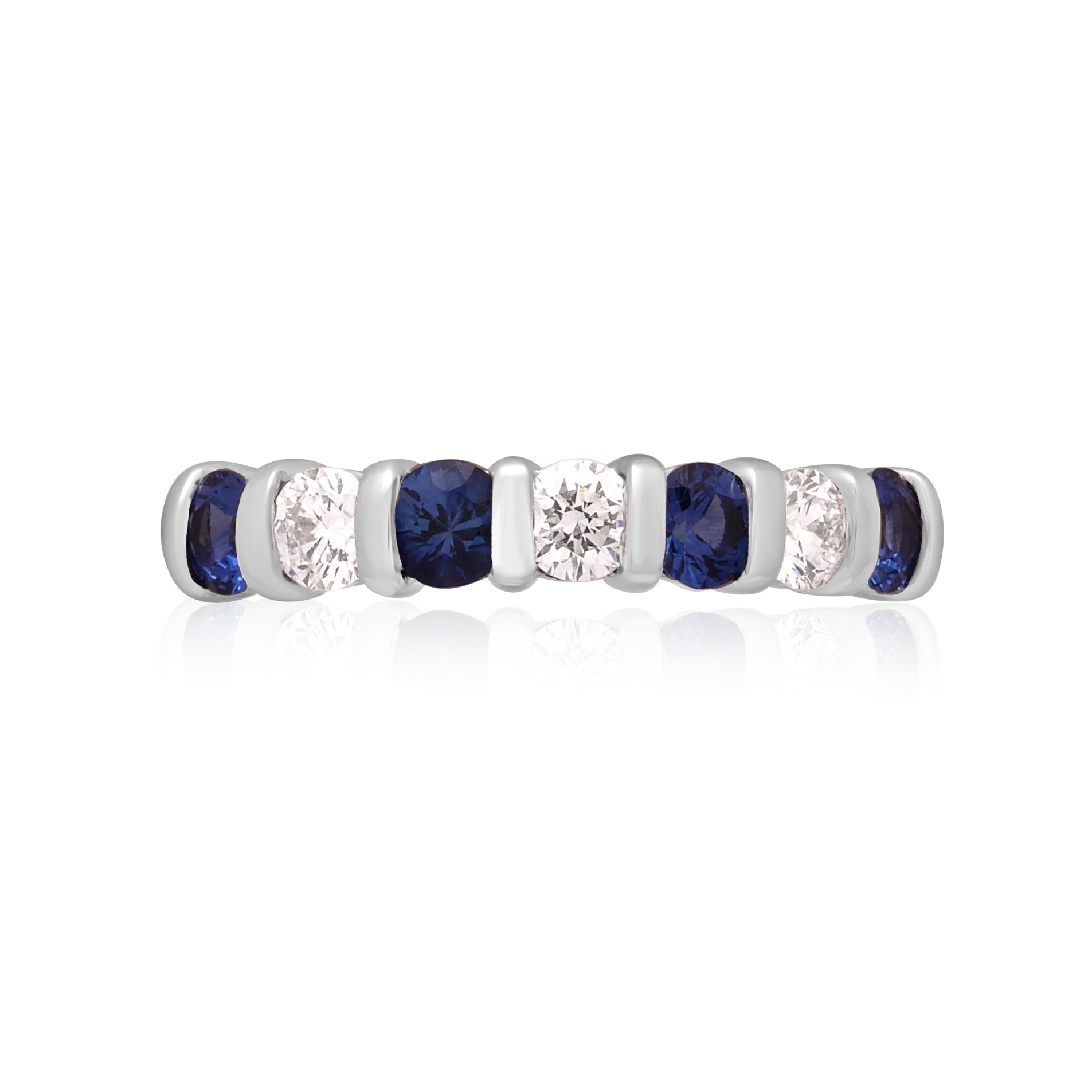 An 18ct yellow and white gold seven stone sapphire and round brilliant cut diamond bar set half eternity ring.