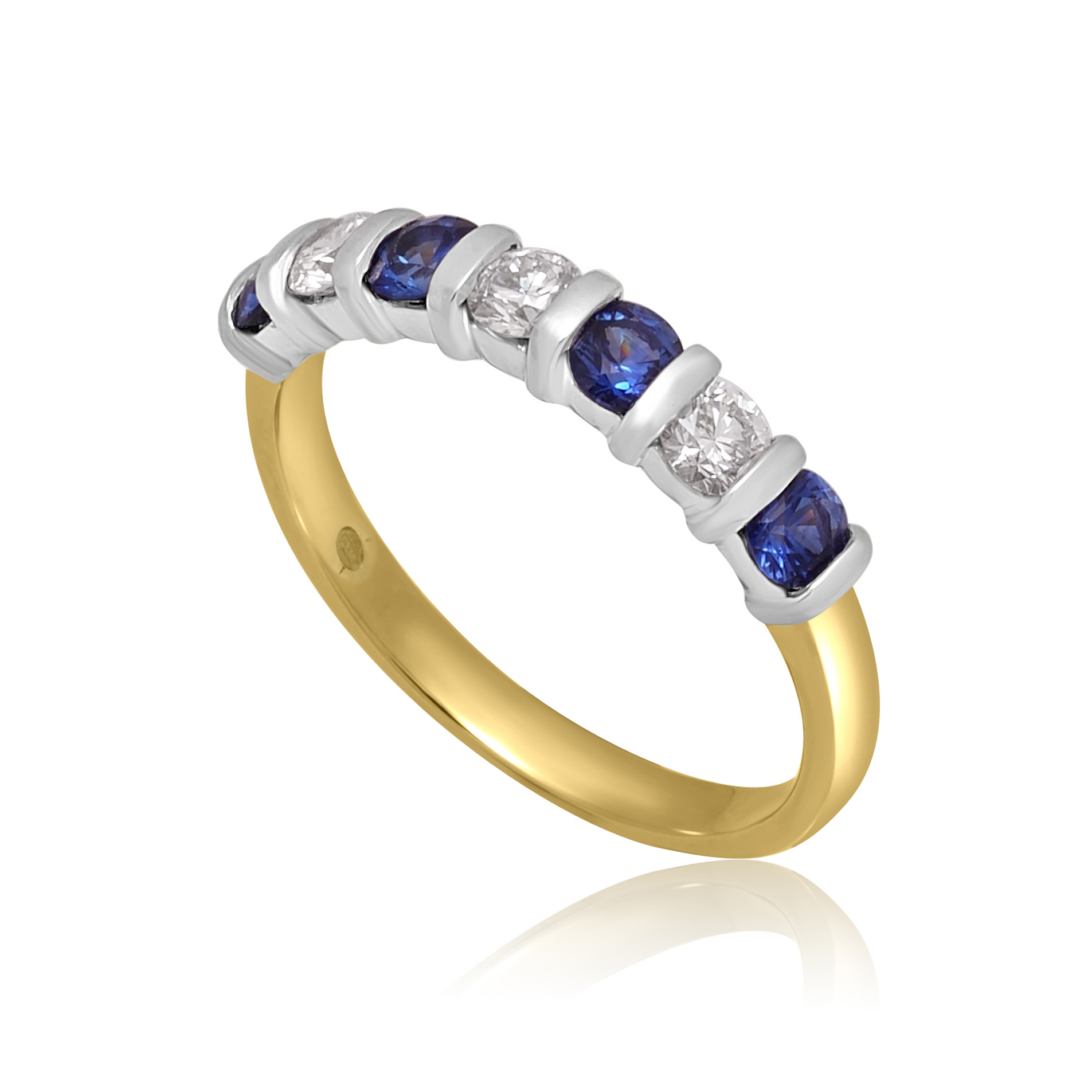 An 18ct yellow and white gold seven stone sapphire and round brilliant cut diamond bar set half eternity ring.