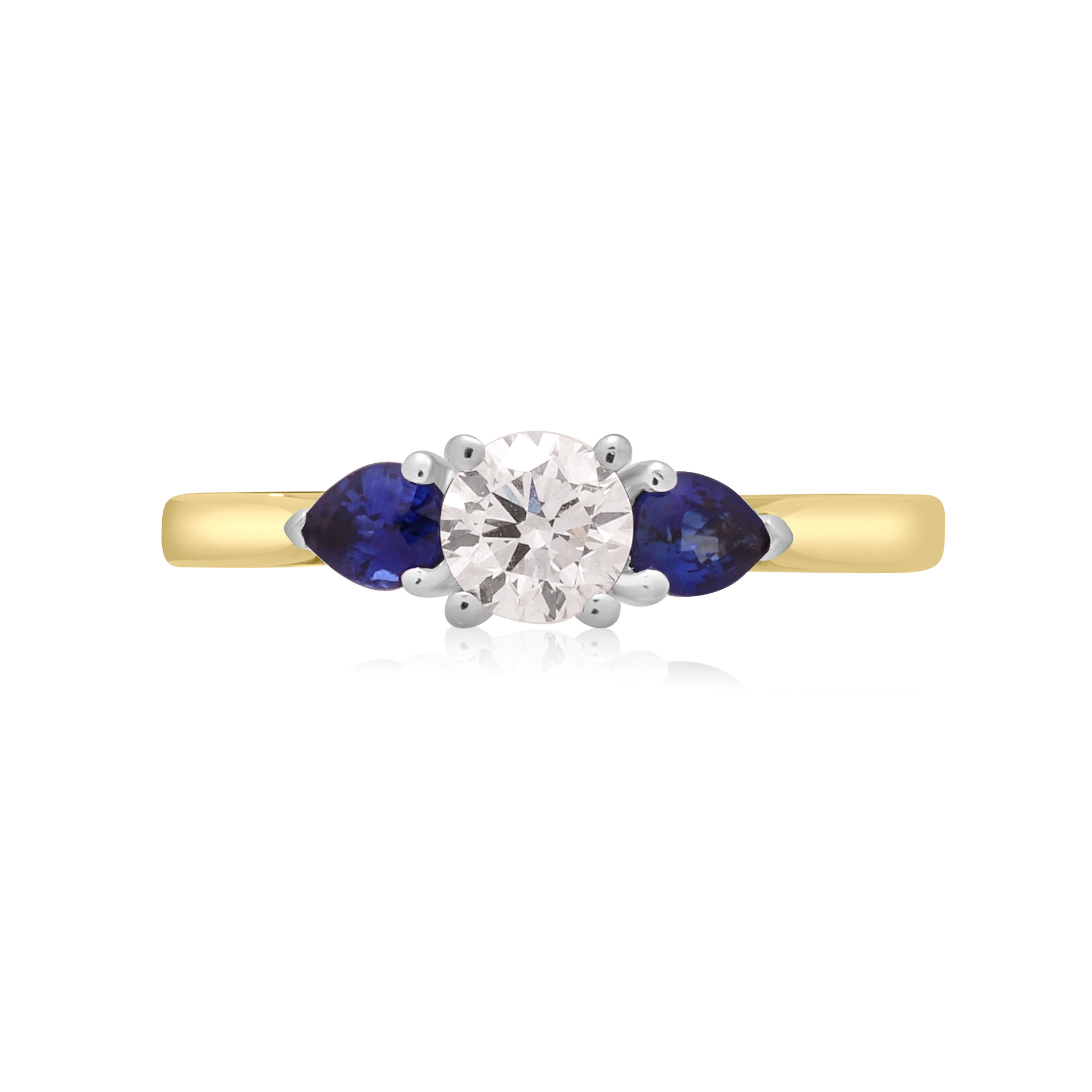 An 18ct yellow and white gold pear shaped sapphire and round brilliant cut diamond three stone ring.