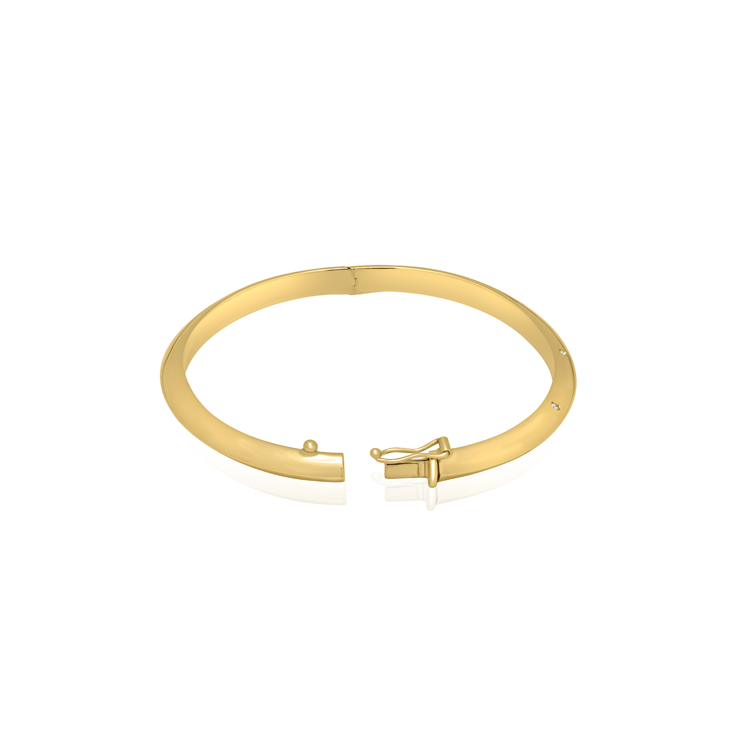 A 9ct yellow gold round brilliant cut diamond set hinged bangle with a polished finish.
