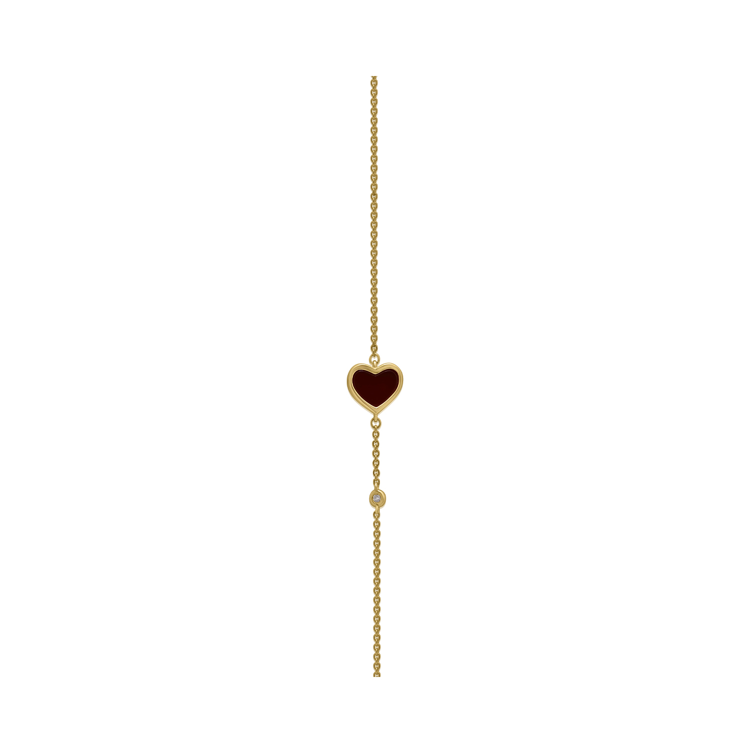 A 9ct yellow gold red, heart shaped cornelian chain bracelet with a small, single diamond.