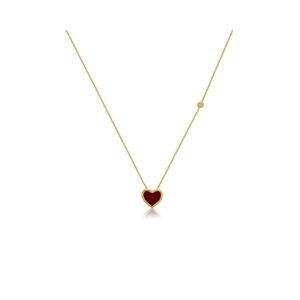A 9ct yellow gold red, heart shaped cornelian pendant with a small single diamond on a chain.