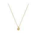 A 9ct yellow gold teardrop shaped pendant set with five round brilliant cut diamonds on a chain.