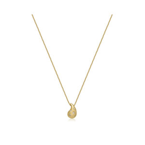A 9ct yellow gold teardrop shaped pendant set with five round brilliant cut diamonds on a chain.