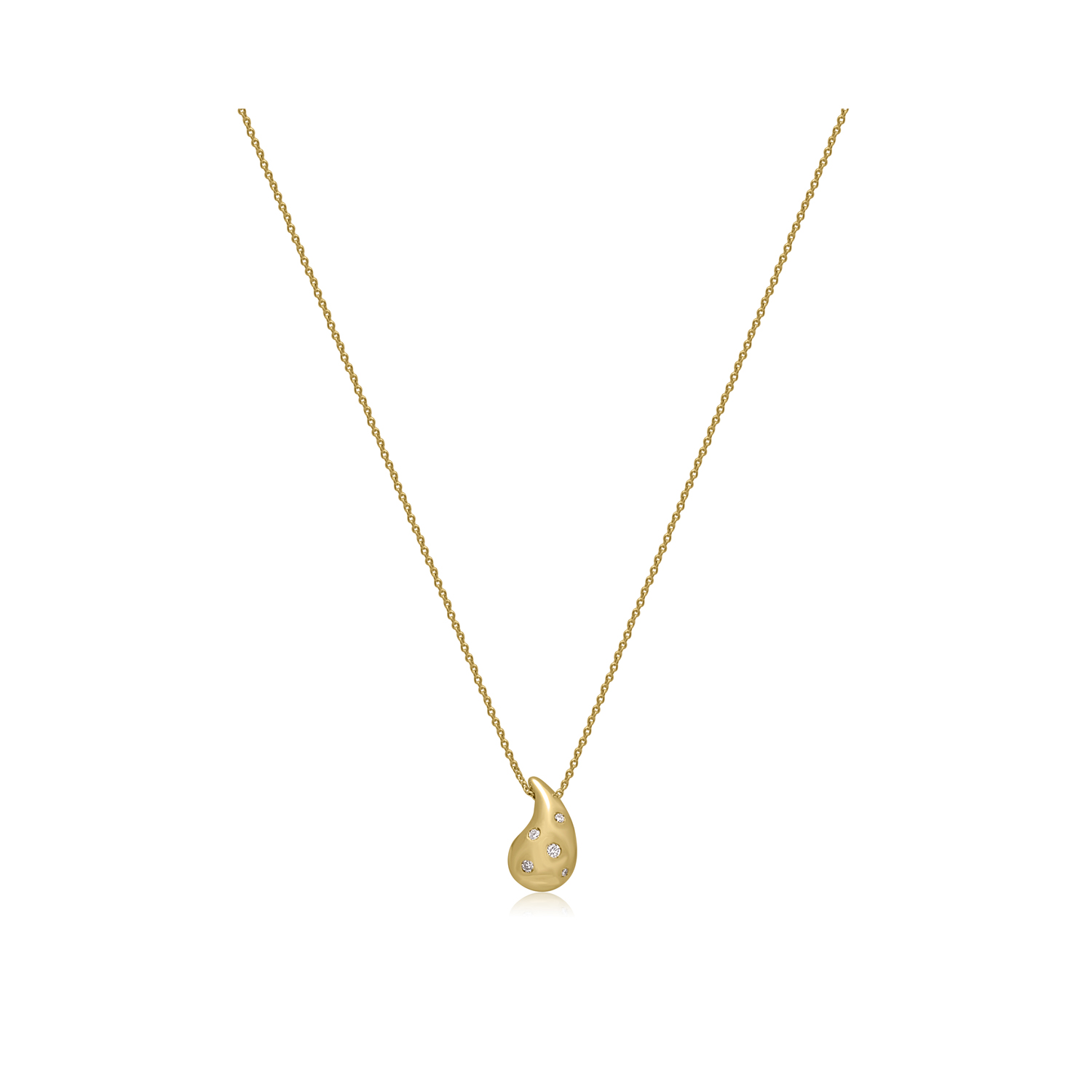 A 9ct yellow gold teardrop shaped pendant set with five round brilliant cut diamonds on a chain.