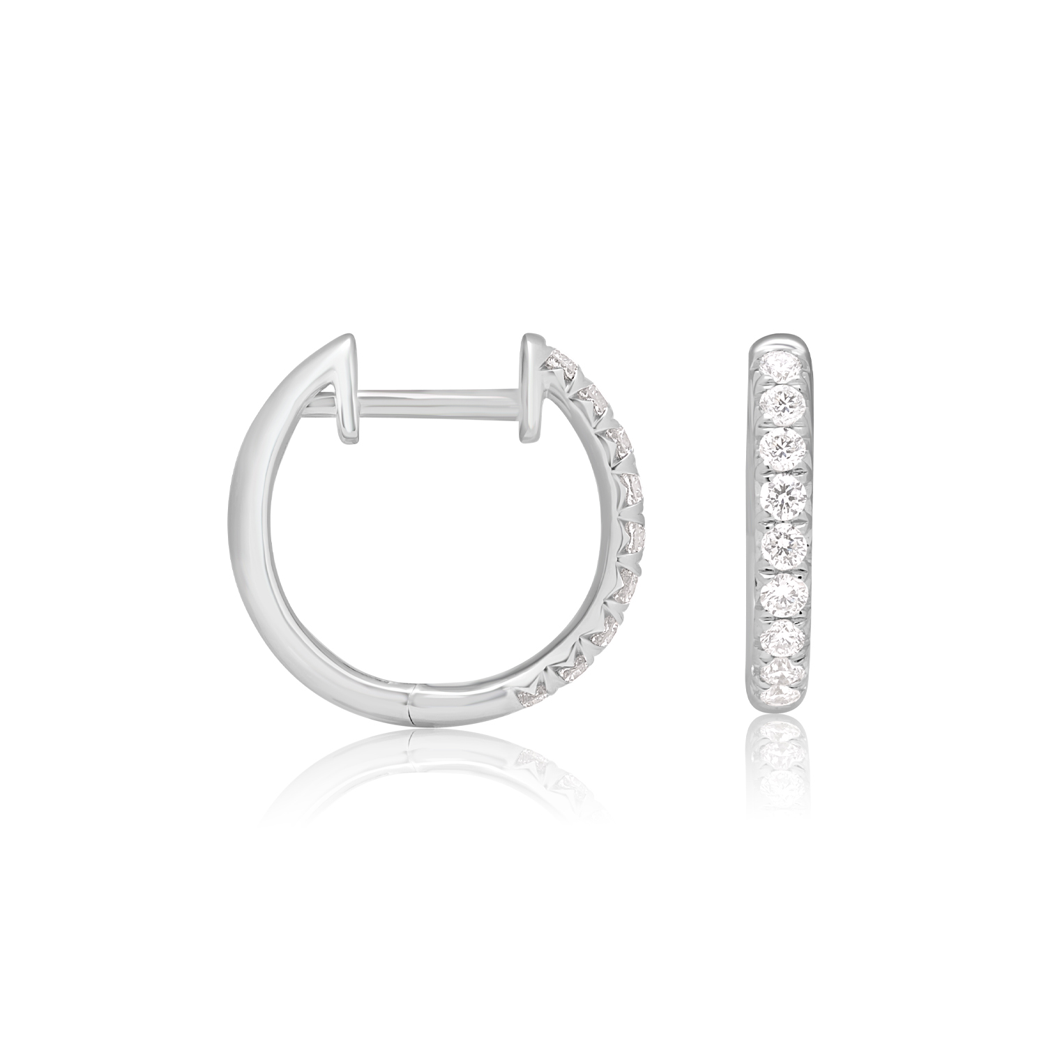 A pair of 18ct white gold diamond set hoop style earrings featuring nine round brilliant cut diamonds in each earring, for pierced ears.