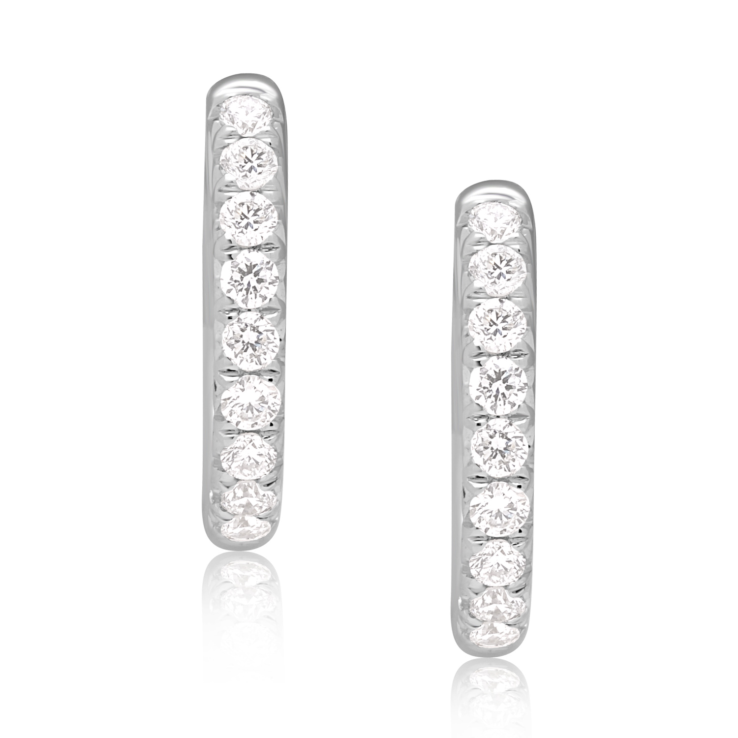 A pair of 18ct white gold diamond set hoop style earrings featuring nine round brilliant cut diamonds in each earring, for pierced ears.