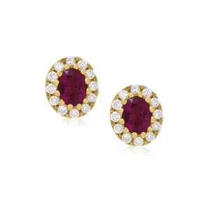 A pair of 18ct yellow gold oval shaped ruby and round brilliant cut diamond set cluster earrings, with a post and butterfly clip fastening for pierced ears.
