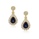 A pair of 18ct yellow gold sapphire and round brilliant cut diamond teardrop shaped earrings, with a post a butterfly clip fastening for pierced ears.