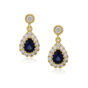 A pair of 18ct yellow gold sapphire and round brilliant cut diamond teardrop shaped earrings, with a post a butterfly clip fastening for pierced ears.