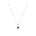 An 18ct white gold oval shaped sapphire and round brilliant cut diamond set cluster pendant on an adjustable cable chain.