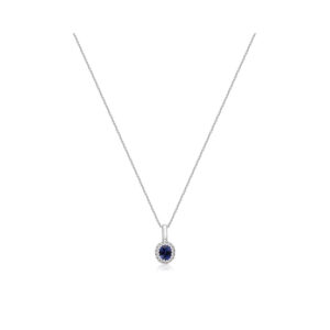 An 18ct white gold oval shaped sapphire and round brilliant cut diamond set cluster pendant on an adjustable cable chain.