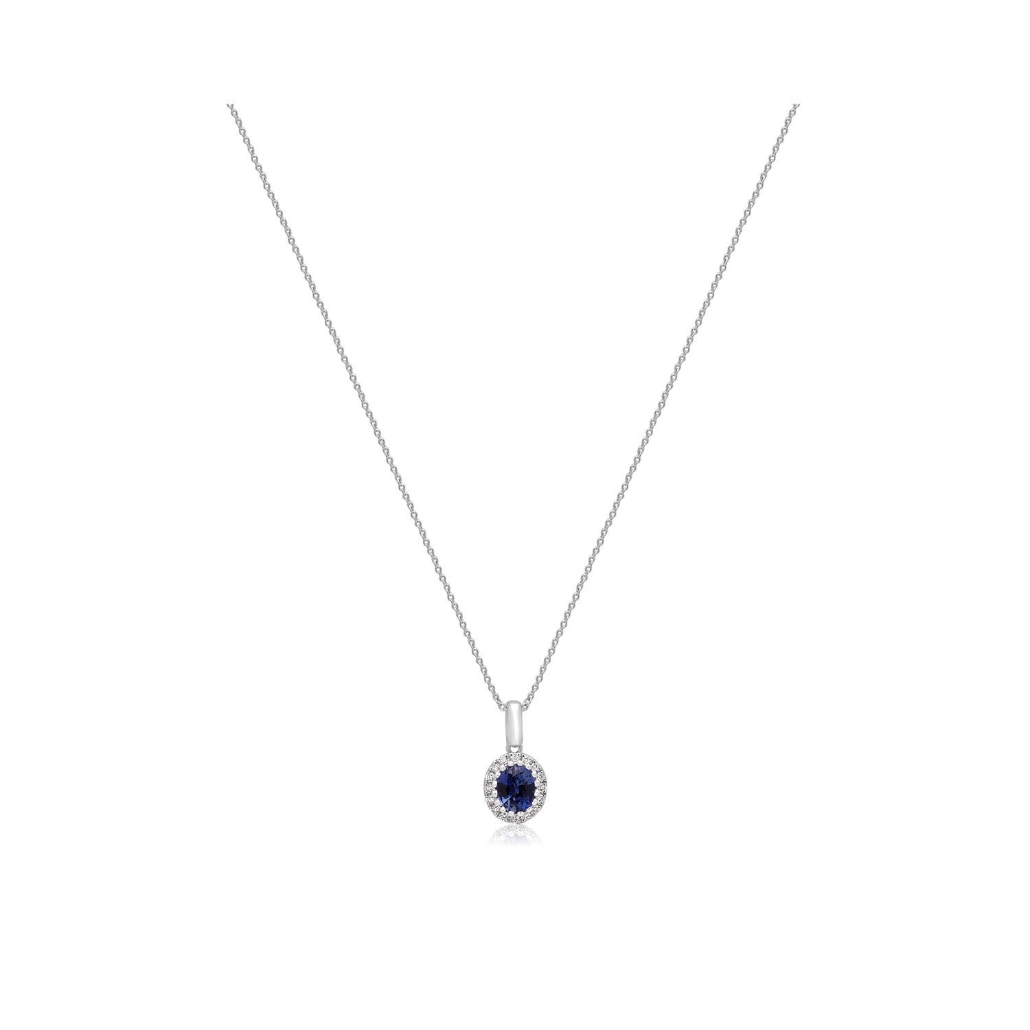 An 18ct white gold oval shaped sapphire and round brilliant cut diamond set cluster pendant on an adjustable cable chain.