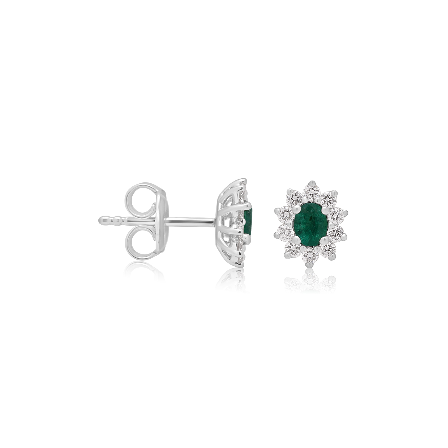 A pair of 18ct white gold oval shaped emerald and round brilliant cut diamond stud earrings, with a post and butterfly clip fastening for pierced ears.