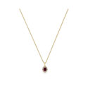 An 18ct yellow gold oval shaped ruby and round brilliant cut diamond cluster pendant on an adjustable cable chain.