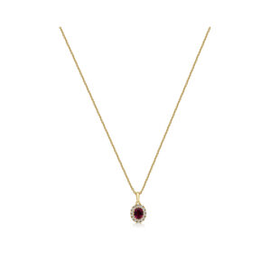 An 18ct yellow gold oval shaped ruby and round brilliant cut diamond cluster pendant on an adjustable cable chain.