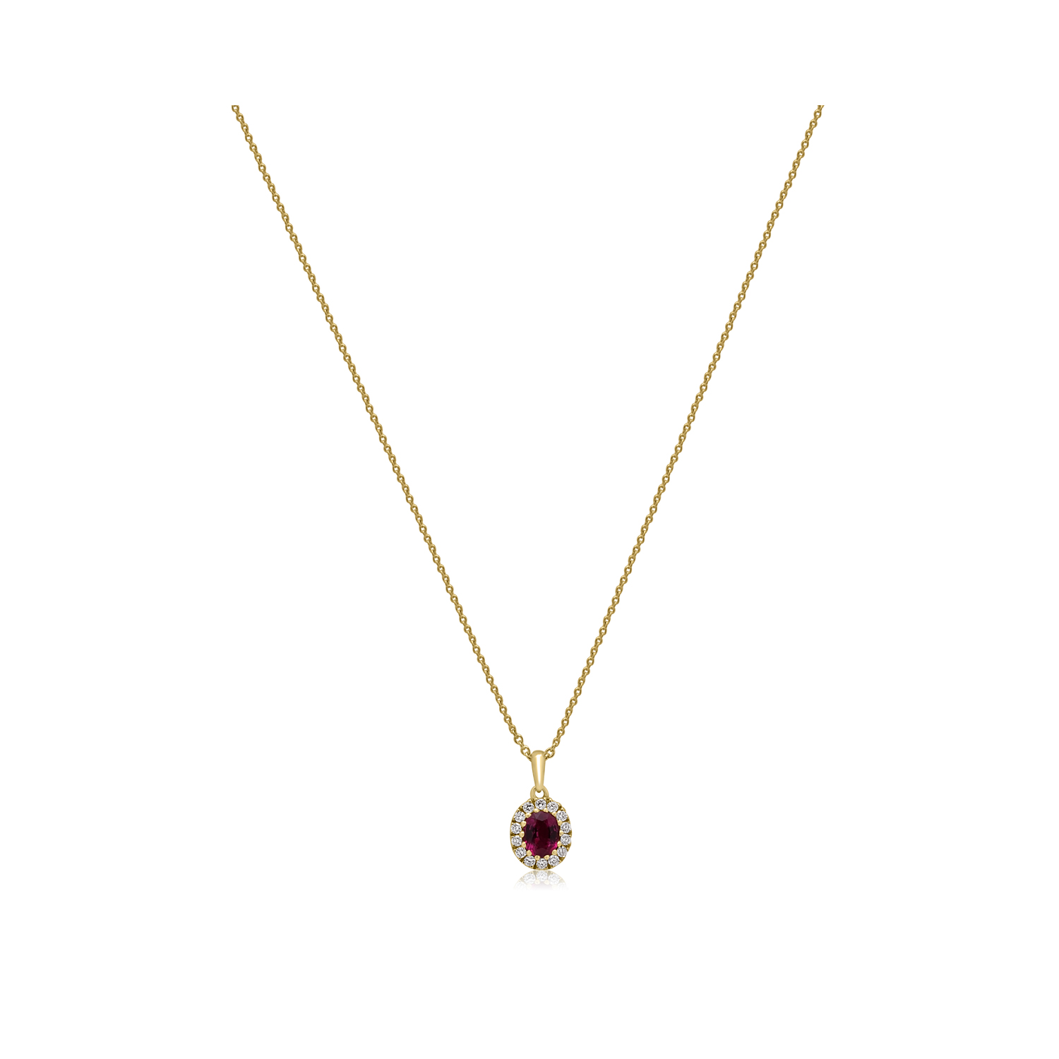 An 18ct yellow gold oval shaped ruby and round brilliant cut diamond cluster pendant on an adjustable cable chain.