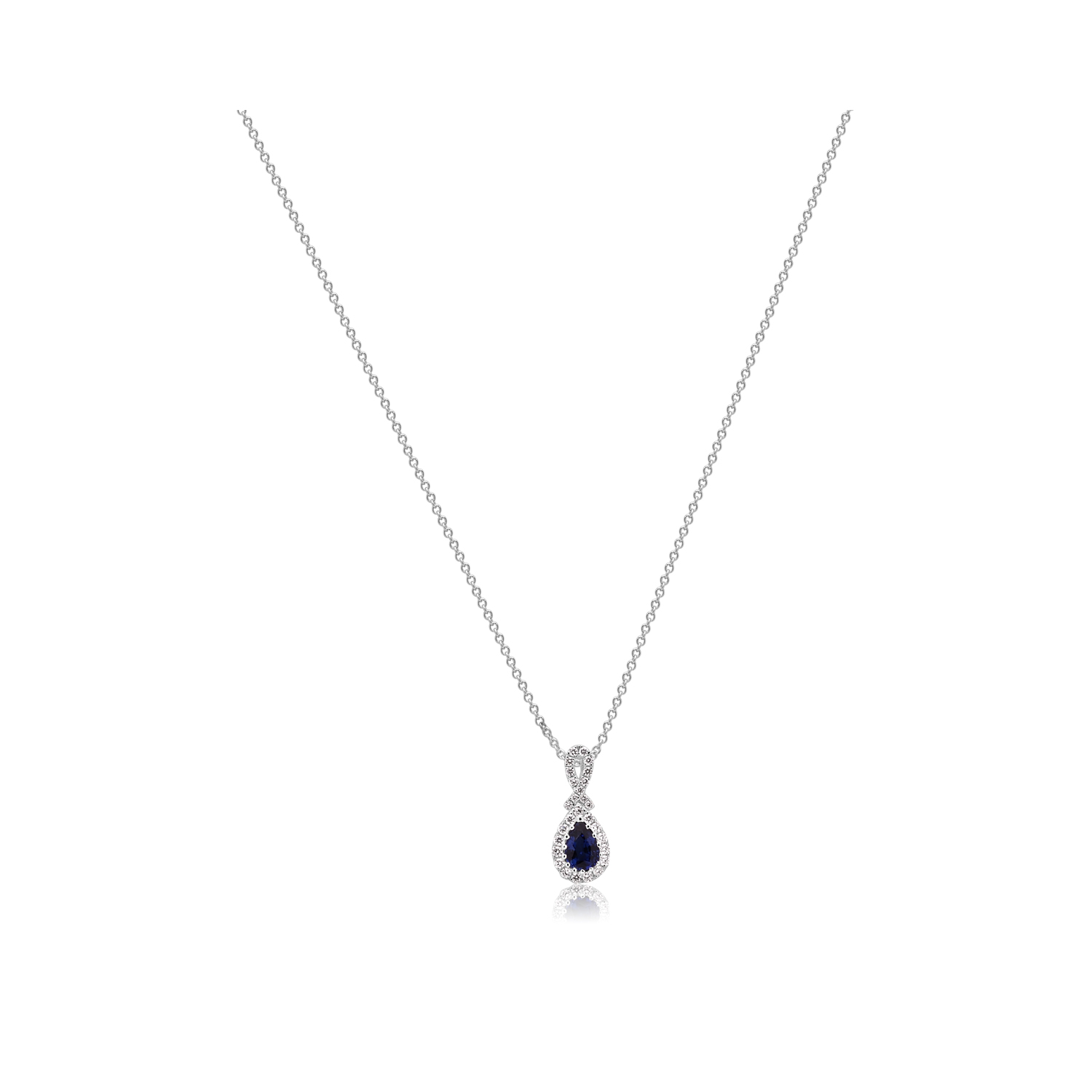 An 18ct white gold pear shaped sapphire and round brilliant cut diamond set cluster pendant on an adjustable cable chain.