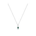 An 18ct white gold pear shaped Columbian emerald and round brilliant cut diamond cluster pendant on an adjustable cable chain.