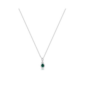 An 18ct white gold pear shaped Columbian emerald and round brilliant cut diamond cluster pendant on an adjustable cable chain.