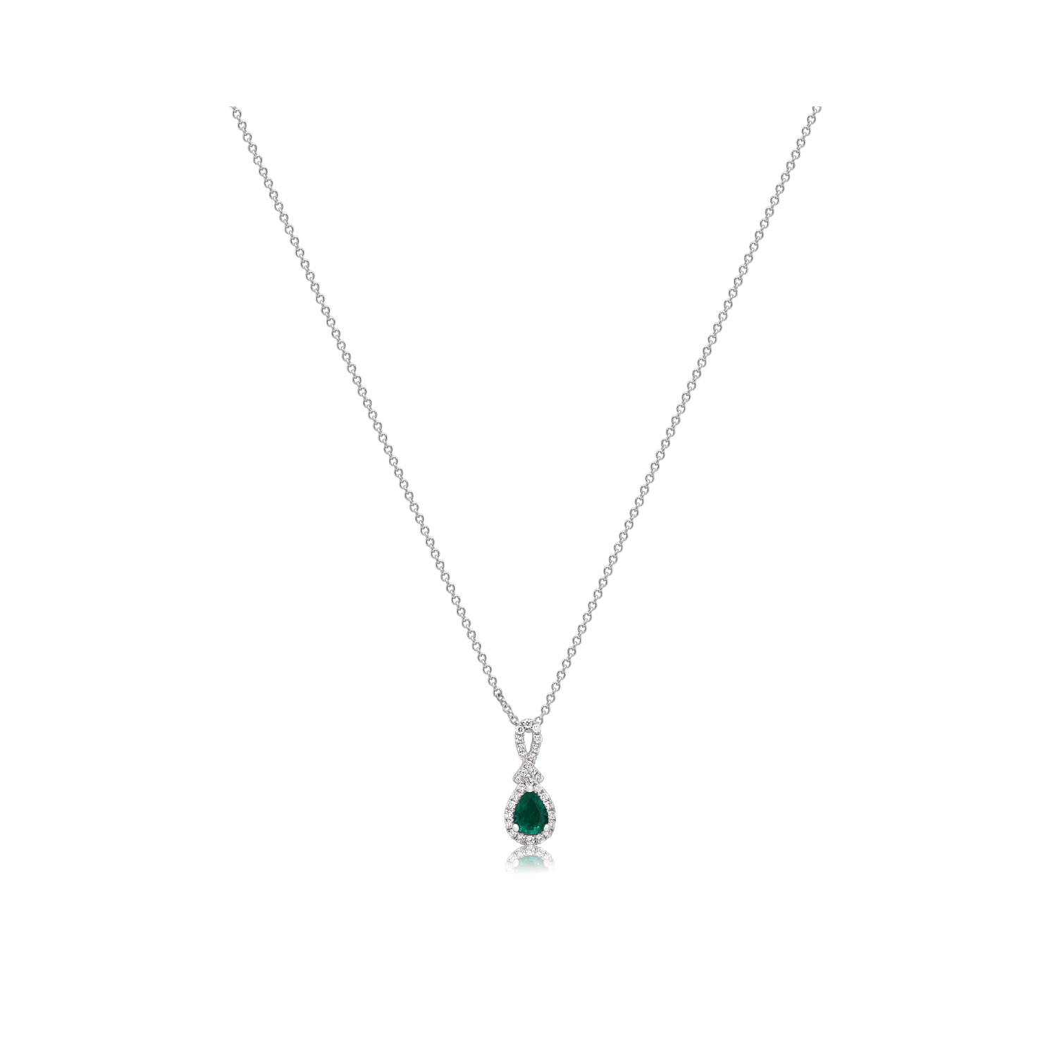 An 18ct white gold pear shaped Columbian emerald and round brilliant cut diamond cluster pendant on an adjustable cable chain.