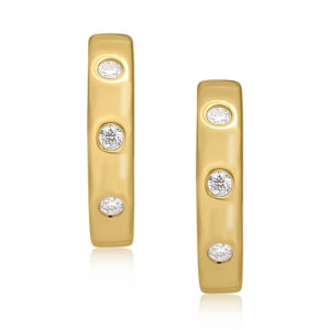 A pair of 18ct yellow gold diamond set hoop style earrings featuring three round brilliant cut diamonds in each earring, for pierced ears.
