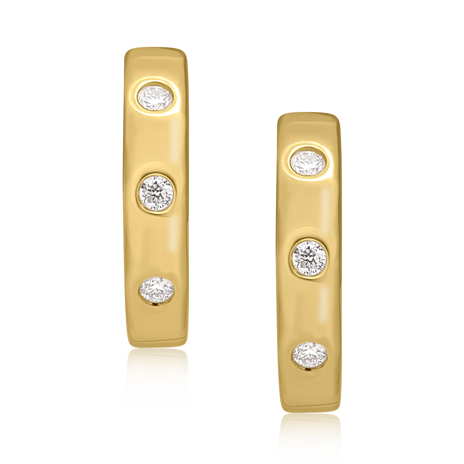 A pair of 18ct yellow gold diamond set hoop style earrings featuring three round brilliant cut diamonds in each earring, for pierced ears.