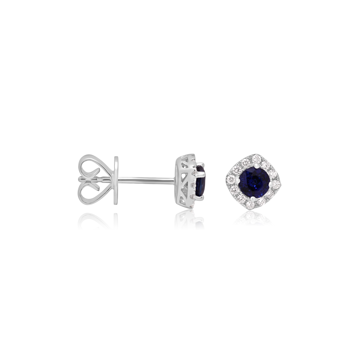 A pair of 18ct white gold round sapphire and brilliant cut diamond cluster stud earrings, with a post and butterfly fastening for pierced ears.