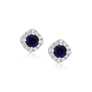 A pair of 18ct white gold round sapphire and brilliant cut diamond cluster stud earrings, with a post and butterfly fastening for pierced ears.