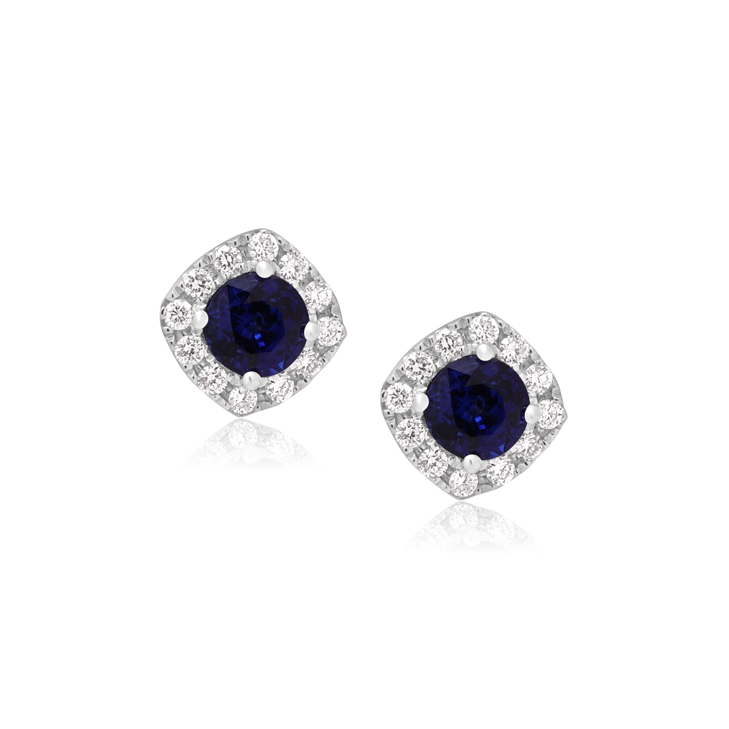 A pair of 18ct white gold round sapphire and brilliant cut diamond cluster stud earrings, with a post and butterfly fastening for pierced ears.