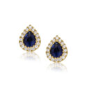 A pair of 18ct yellow gold pear shaped sapphire and round brilliant cut diamond cluster earrings, with a post and butterfly clip fastening for pierced ears.
