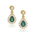 A pair of 18ct yellow gold pear shaped emerald and diamond set cluster drop earrings, with a post and butterfly clip fastening for pierced ears.