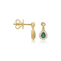 A pair of 18ct yellow gold pear shaped emerald and diamond set cluster drop earrings, with a post and butterfly clip fastening for pierced ears.