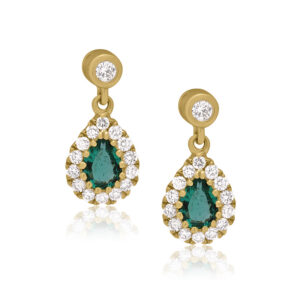 A pair of 18ct yellow gold pear shaped emerald and diamond set cluster drop earrings, with a post and butterfly clip fastening for pierced ears.