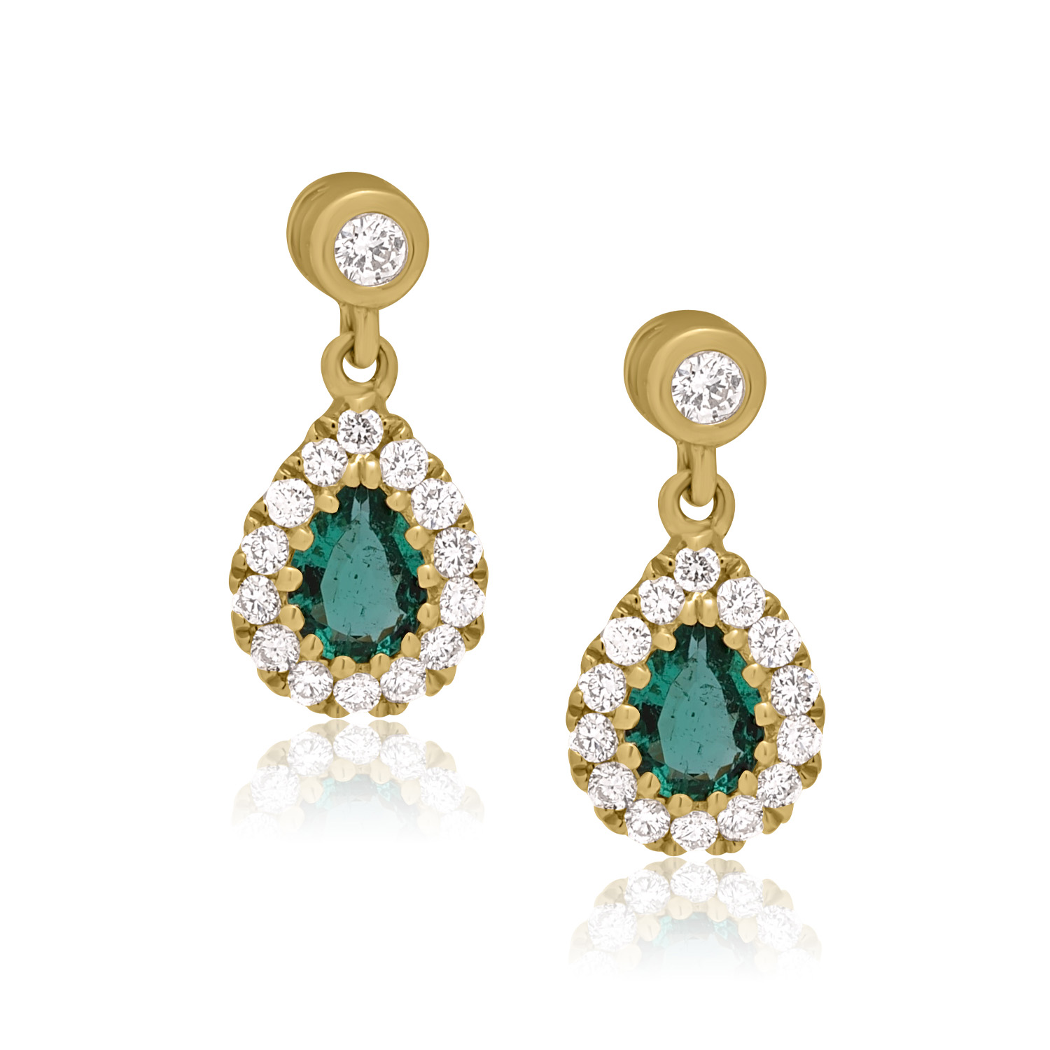A pair of 18ct yellow gold pear shaped emerald and diamond set cluster drop earrings, with a post and butterfly clip fastening for pierced ears.