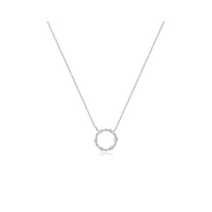 An 18ct white gold round brilliant cut diamond set circular pendant on an adjustable length cable chain.