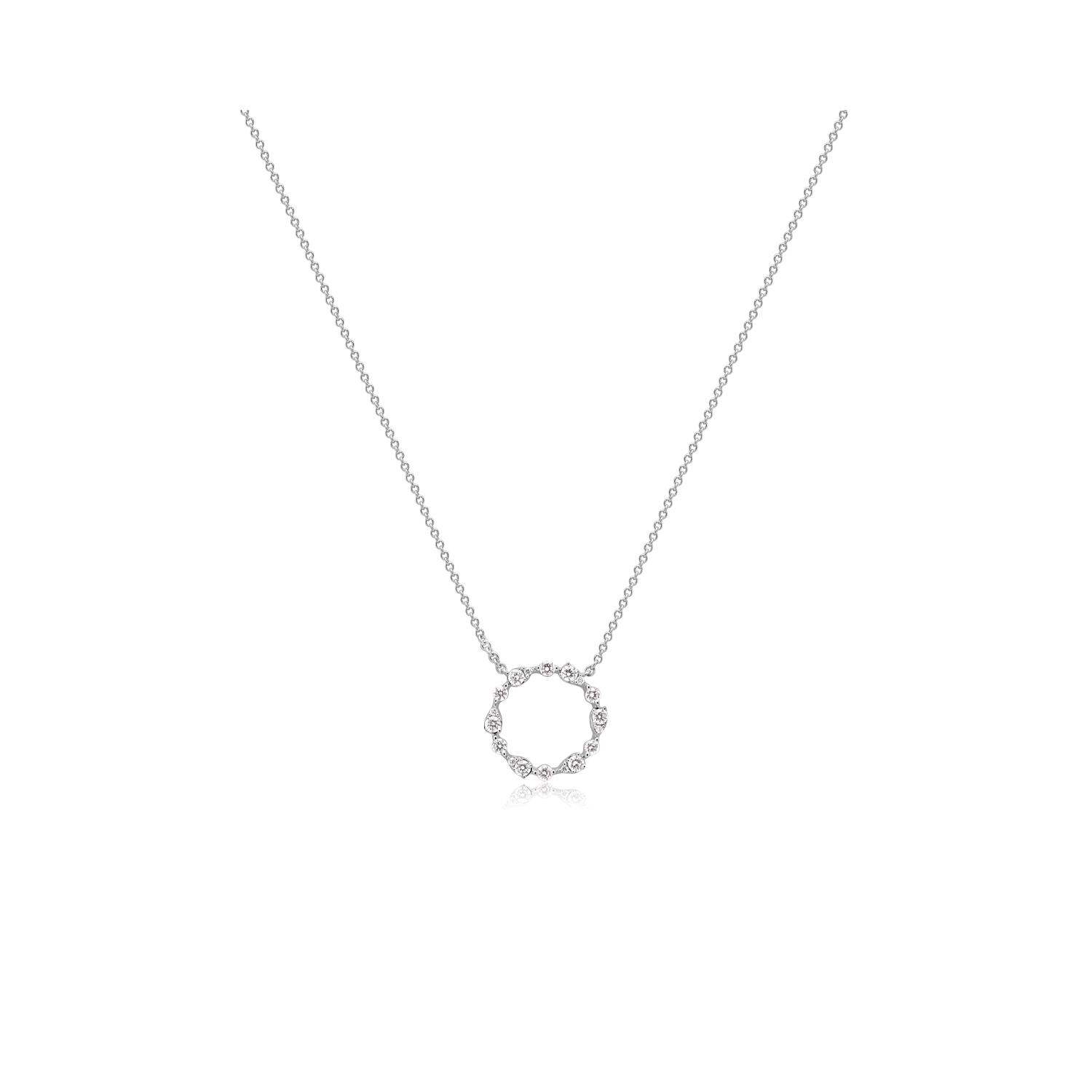 An 18ct white gold round brilliant cut diamond set circular pendant on an adjustable length cable chain.