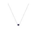 An 18ct white gold oval shaped sapphire and round brilliant cut diamond cluster pendant on an adjustable cable chain.