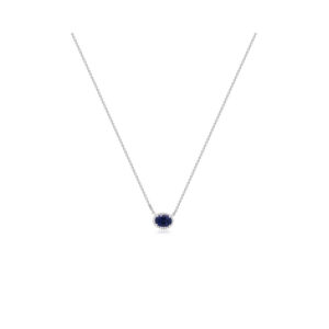 An 18ct white gold oval shaped sapphire and round brilliant cut diamond cluster pendant on an adjustable cable chain.