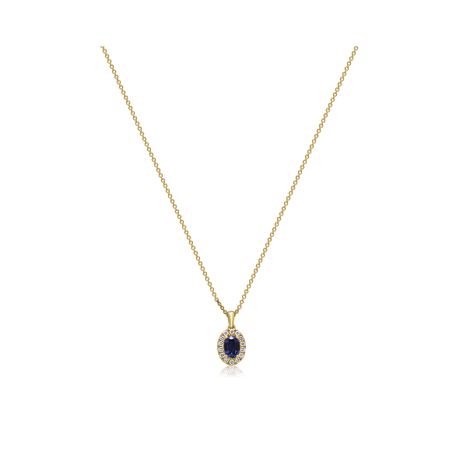 18ct Yellow Gold Oval Shaped Sapphire & Diamond Cluster Pendant & Chain