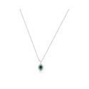 An 18ct white gold oval shaped emerald and round brilliant cut diamond cluster pendant on an adjustable cable chain.