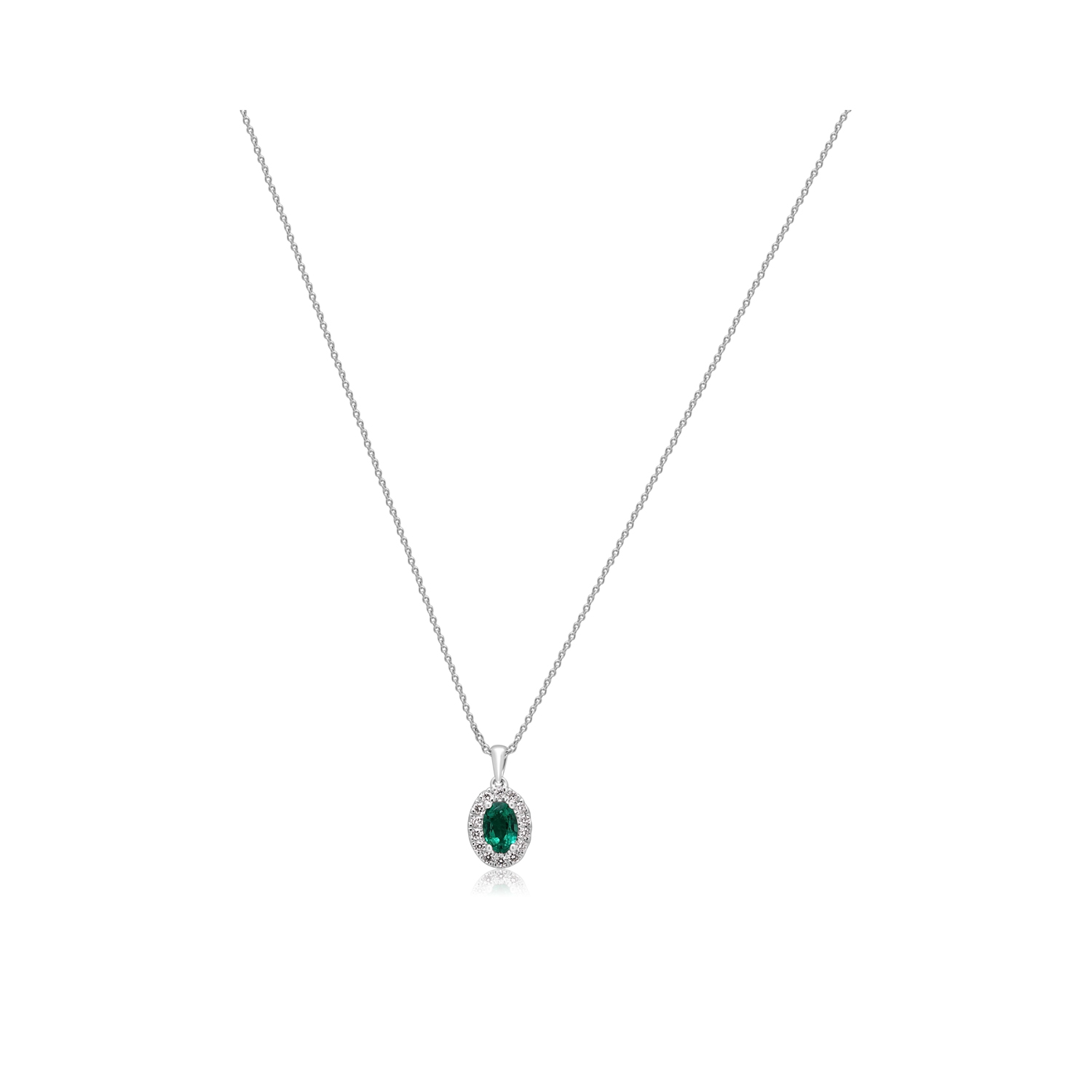 An 18ct white gold oval shaped emerald and round brilliant cut diamond cluster pendant on an adjustable cable chain.